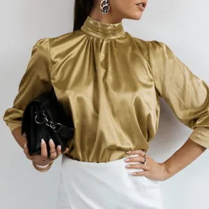 Women Fashion Satin Blouse 2022 Elegant Tunic Slik Tops Autumn Solid High Collar Shirt Long Sleeve Party Blusas Femininas