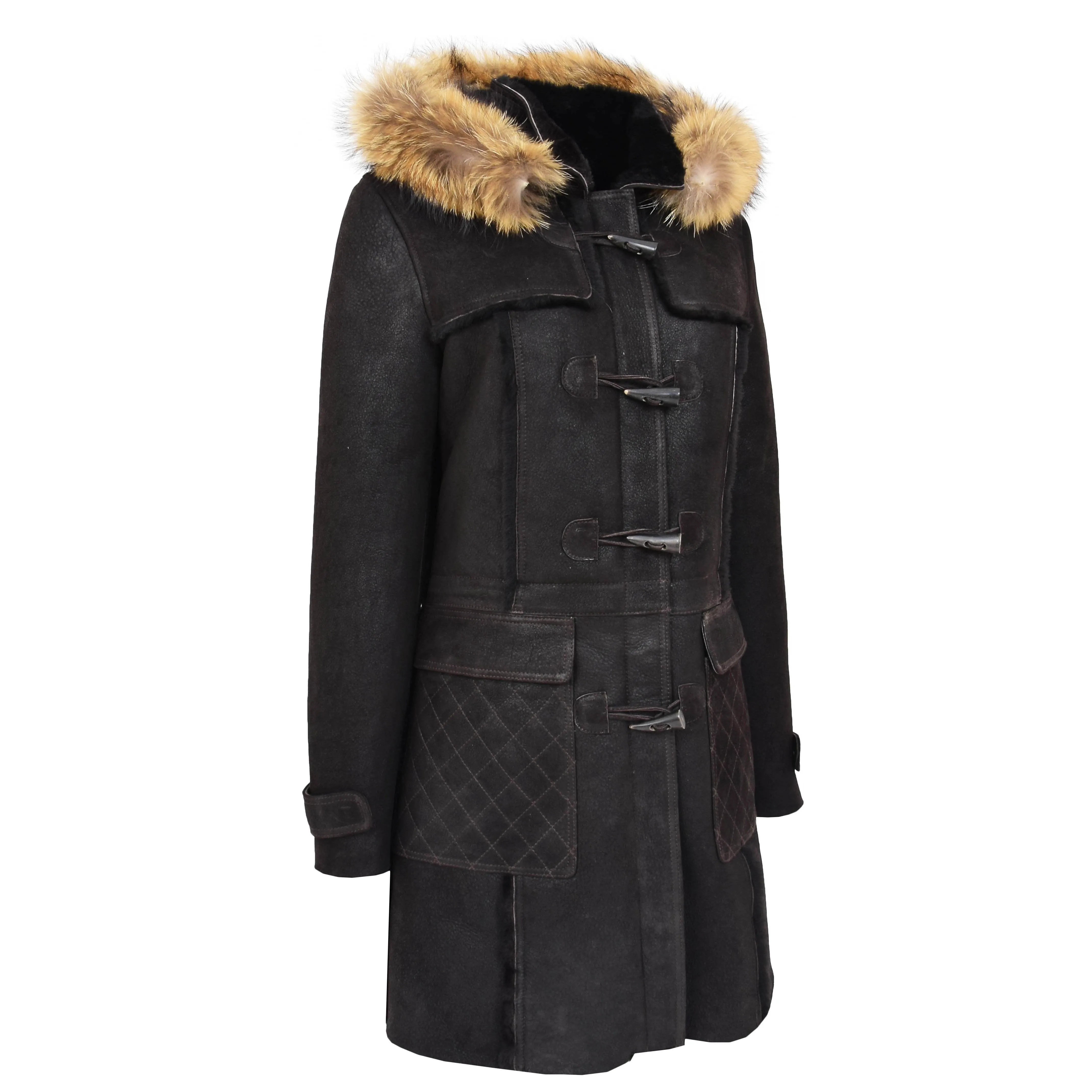 Womens Genuine Sheepskin Duffle Coat Hooded Shearling Jacket Evie Brown