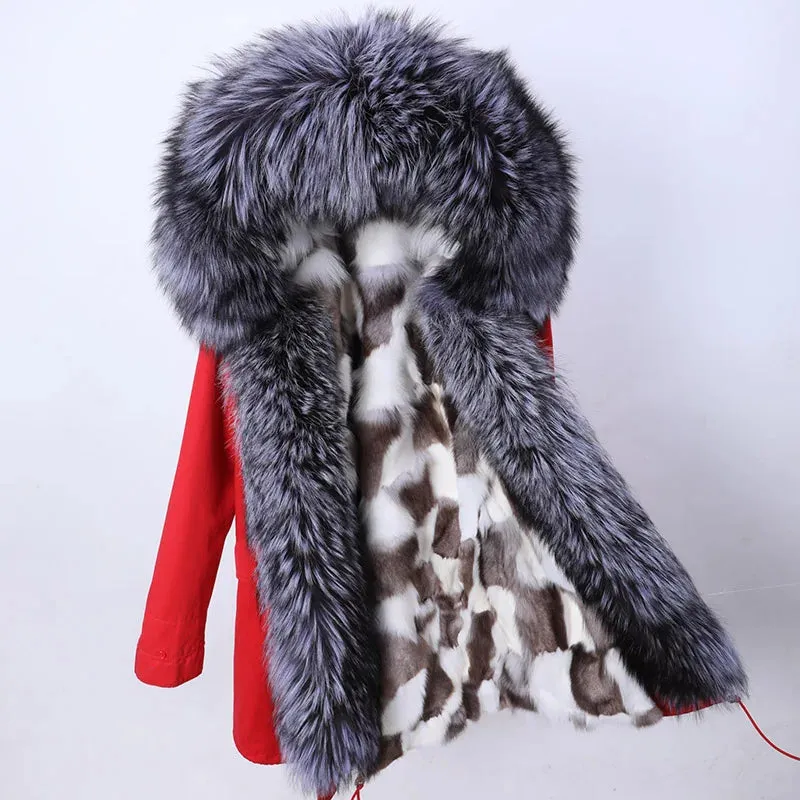 Women's Parka with Detachable Natural Fox Fur Collar, Thick Nylon Cotton for Winter