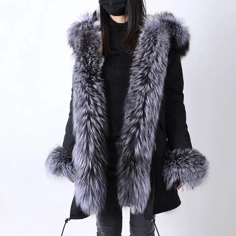 Women's Parka with Detachable Natural Fox Fur Collar, Thick Nylon Cotton for Winter