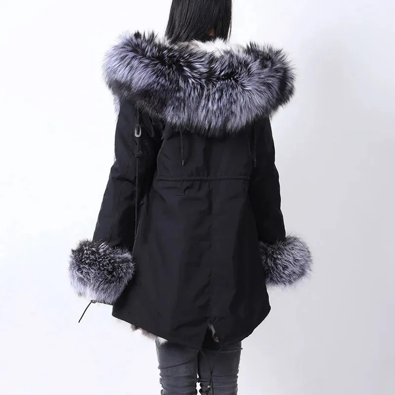 Women's Parka with Detachable Natural Fox Fur Collar, Thick Nylon Cotton for Winter