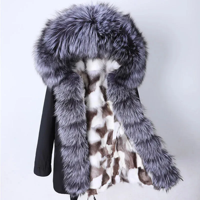 Women's Parka with Detachable Natural Fox Fur Collar, Thick Nylon Cotton for Winter