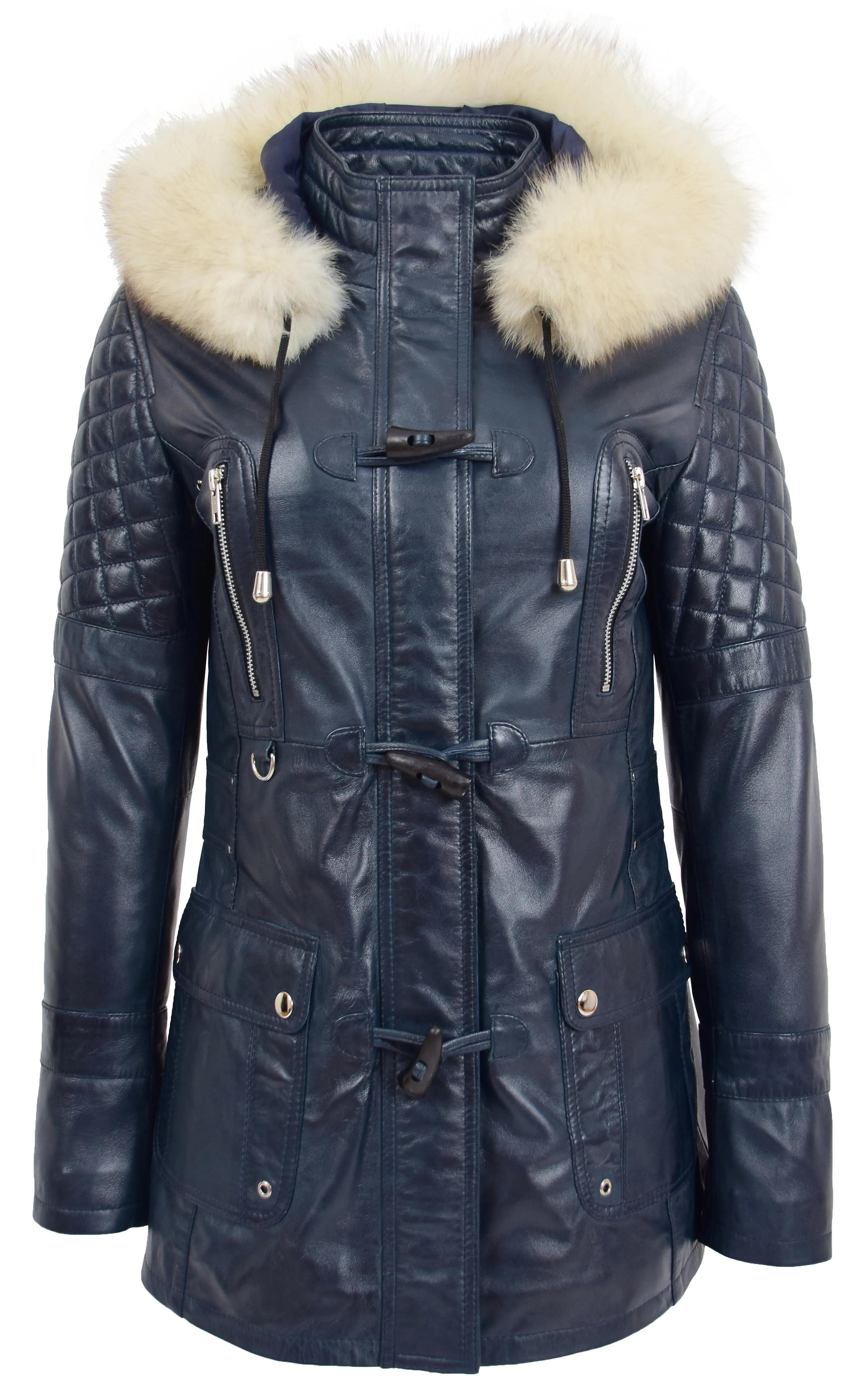 Womens Trendy Real Soft Leather Duffle Coat Fitted Removable Hood Parka Cory Navy