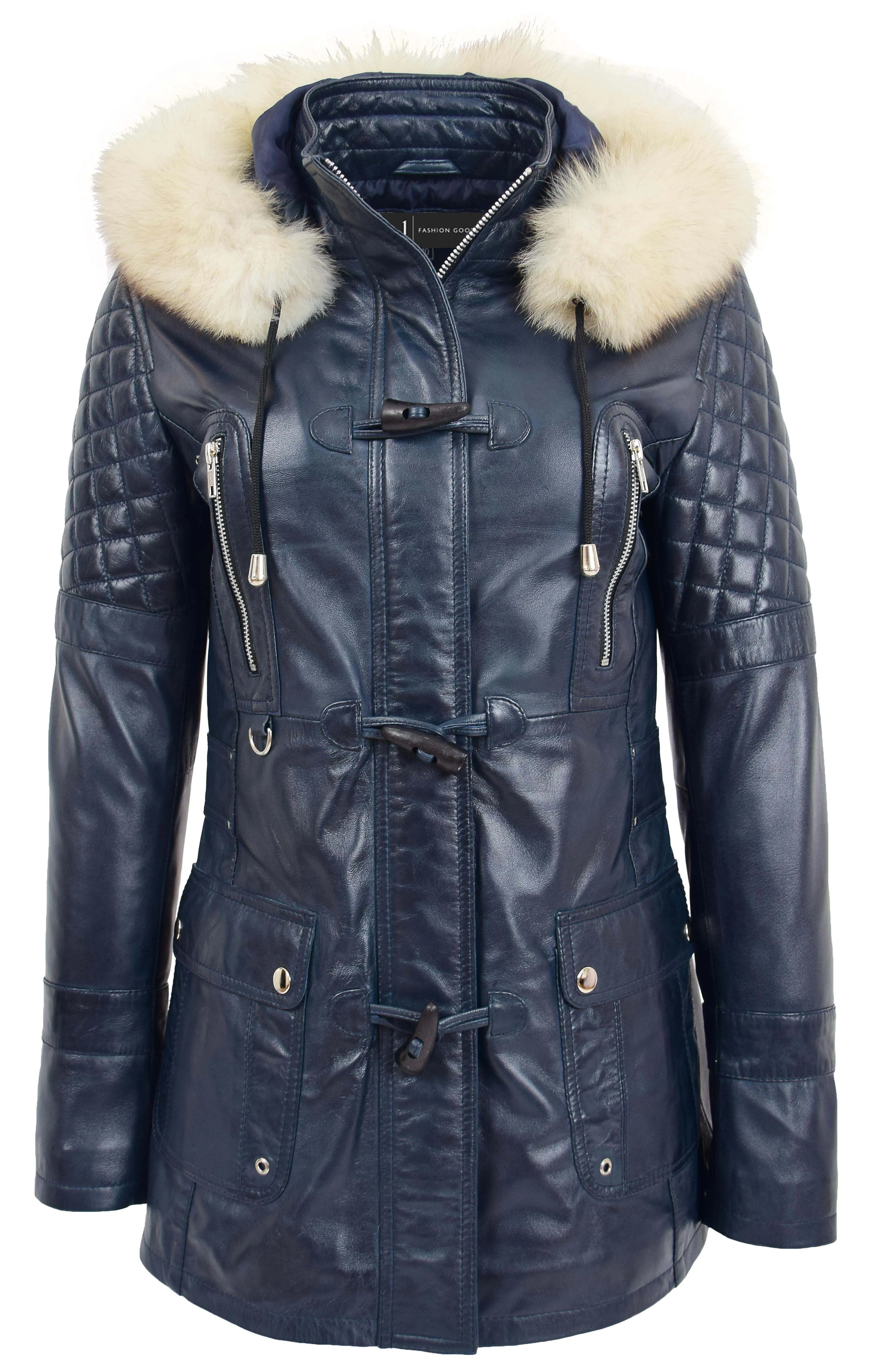 Womens Trendy Real Soft Leather Duffle Coat Fitted Removable Hood Parka Cory Navy