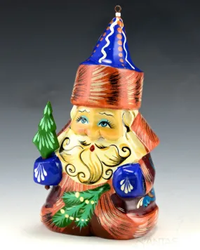 Wood Santa Ornament with Tree - blue-bronze