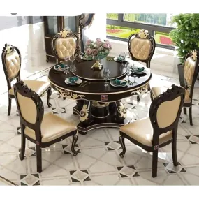 Wooden Hand Craved 6 Seater Classical Style Flower Pattern Dining Table Set (Teak Wood)