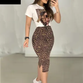 Yeknu Two Peice Set For Women Casual O-Neck T Shirt& Skirt Set Fashion Leopard Print Office Women Set Elegance Skinny Ropa Femenina