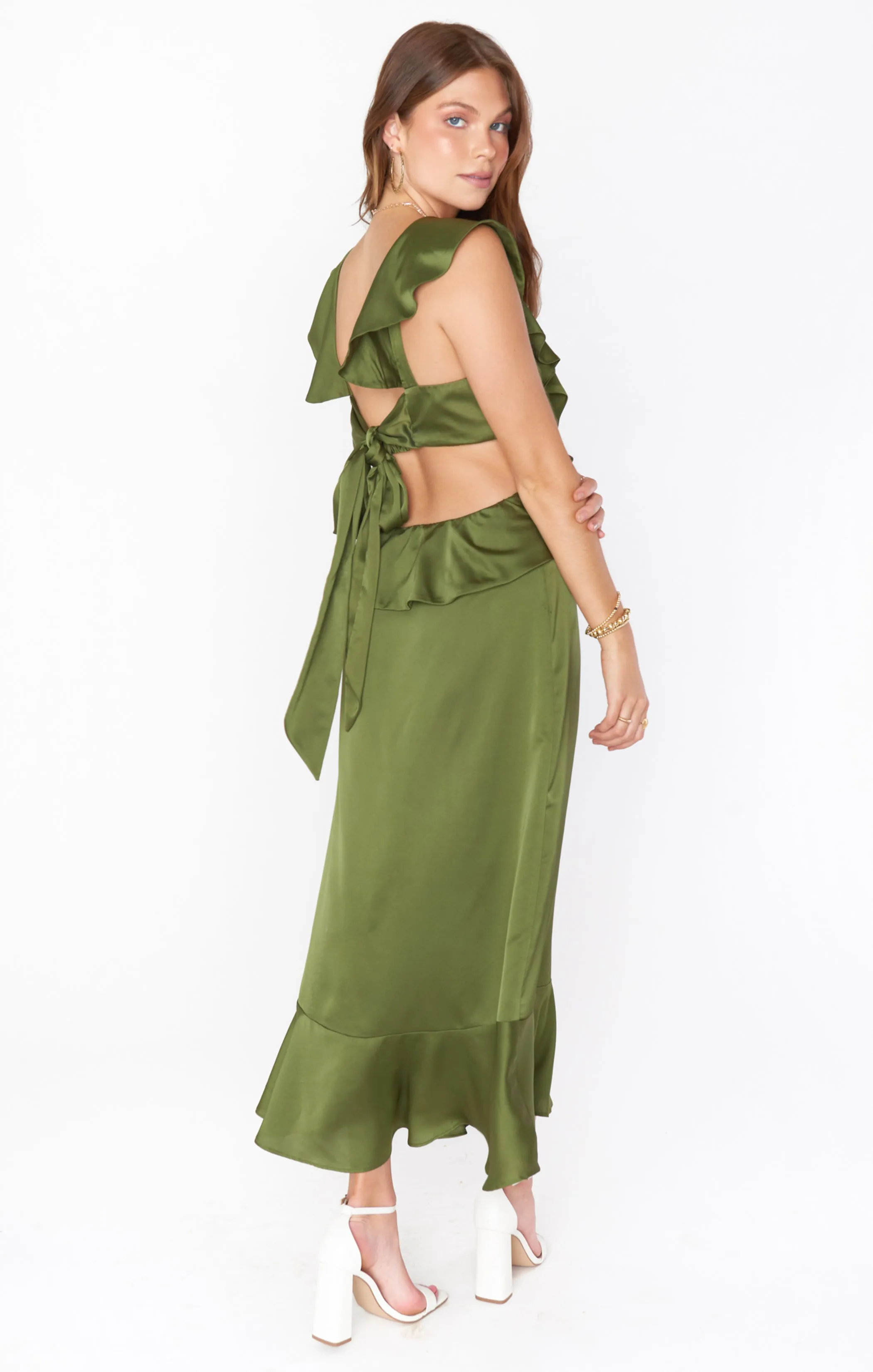 Zoey Midi Dress ~ Rich Olive Luxe Satin