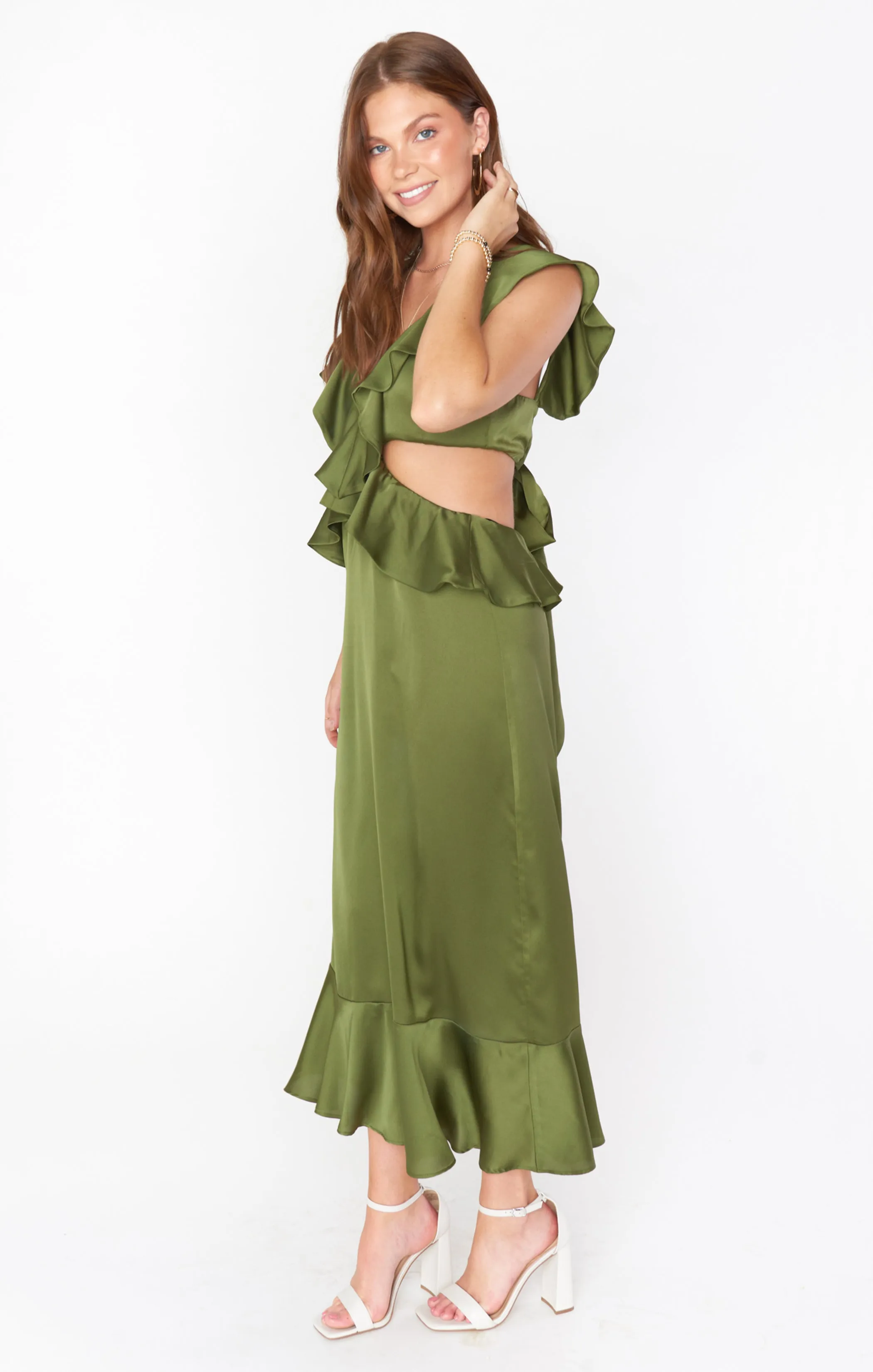 Zoey Midi Dress ~ Rich Olive Luxe Satin